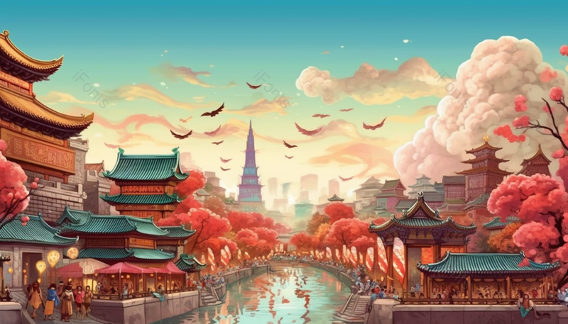 中国风山水建筑意境插画城市图,插画/手绘图,插画/手绘图库,插画/手绘图下载,插画/手绘